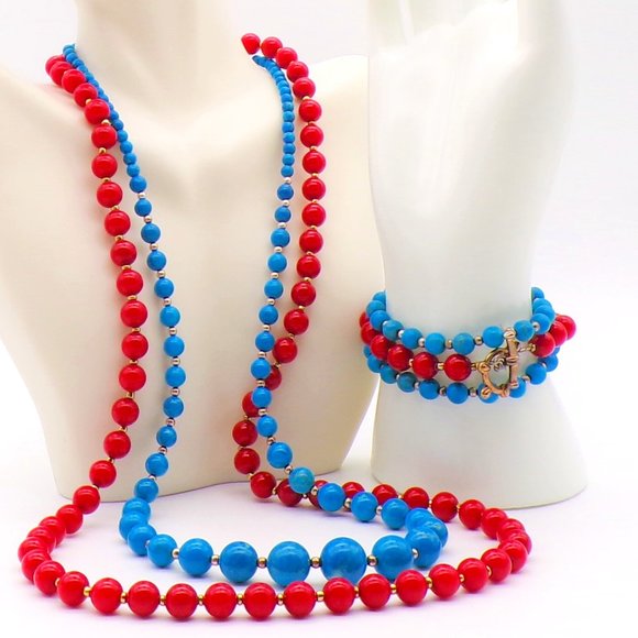 Handmade Jewelry - Handmade Red and Blue Howlite Bead Necklace & Bracelet Bundle